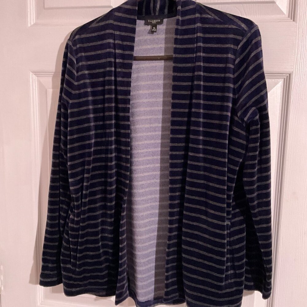 Talbots Petites Navy & Gray Striped Open Cardigan Sweater MP